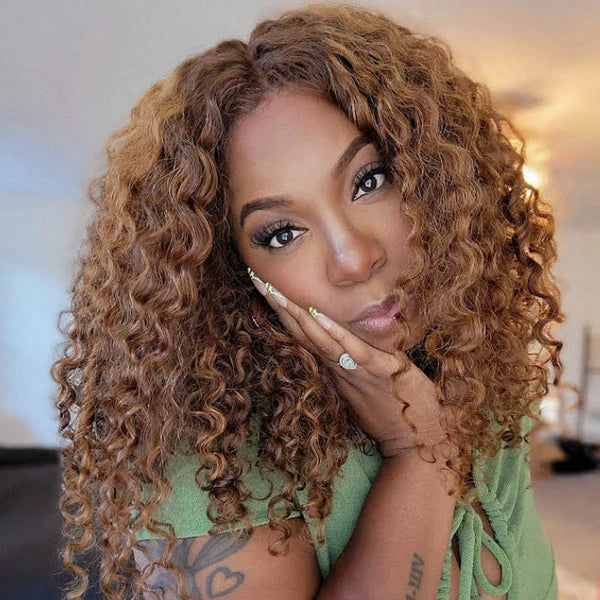 real person hair ring contact twist-15A 3ways 4x4 Lace Closure Curly Wig 200% destiny Brown Color wig 100% Human Hair