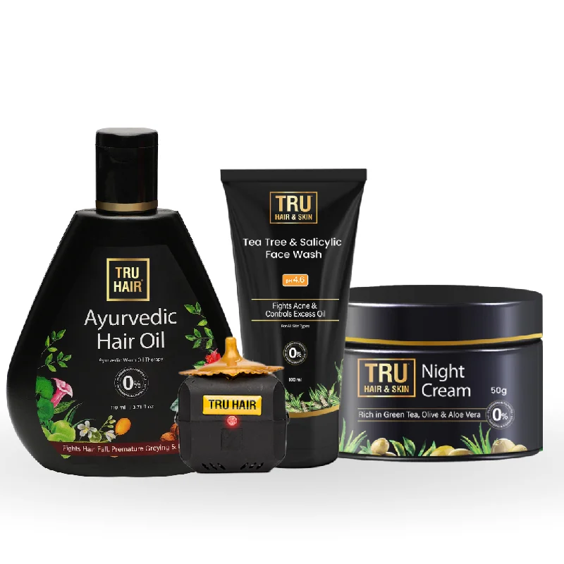 Frizz reducing gel-Ayurvedic Hair Oil with Free Heater-50ml+ Tea Tree & Salicylic Acid Face Wash-100ml+ Night Cream-50gm | COMBO |