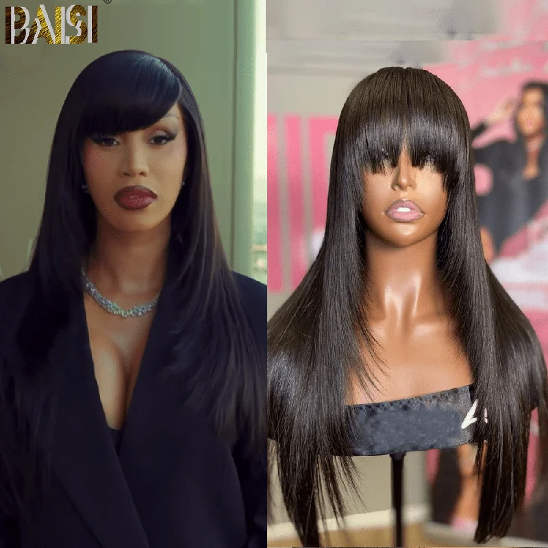 real person hair ring classic pattern-BAISI 100% Human Sexy Straight Silk Base Wig With Bang