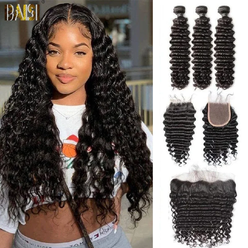 real person hair ring dazzling craft-BAISI 10A Virgin Deep Wave Human Hair Bundles with Closure/Frontal