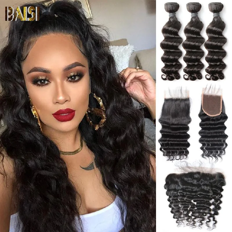 real person hair ring romantic craft-BAISI 10A Virgin Natural Wave Human Hair Bundles with Closure/Frontal