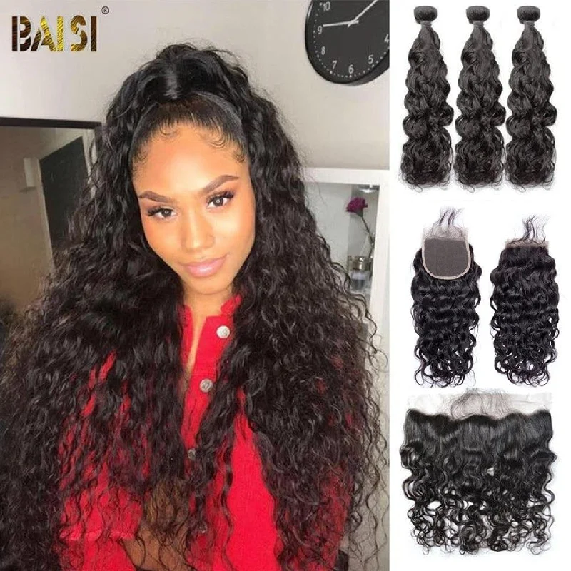 real person hair ring online craft-BAISI 10A Virgin Water Wave Human Hair Bundles with Closure/Frontal