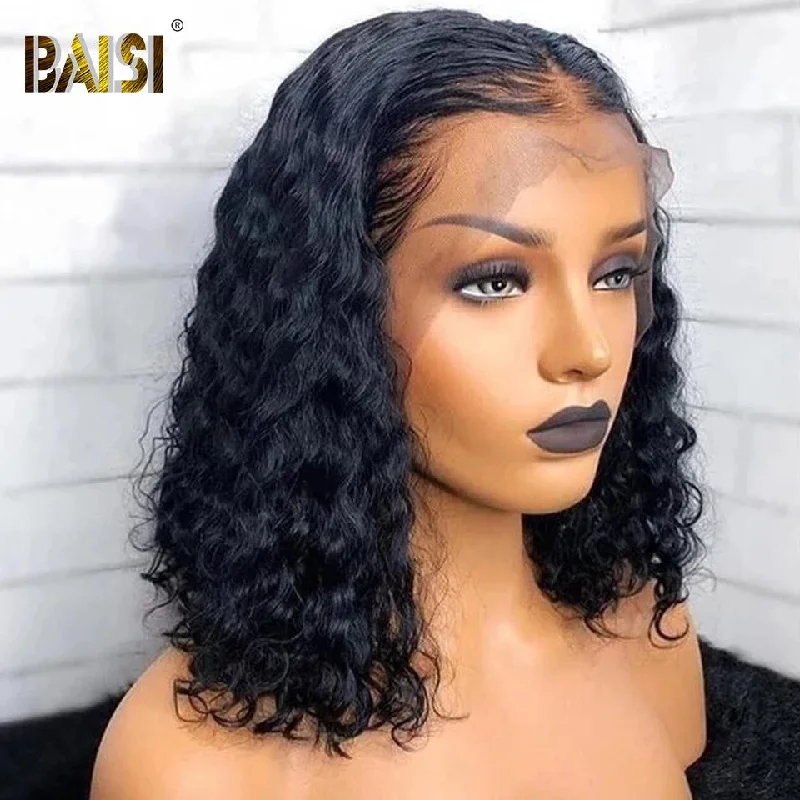 real person hair ring legacy weave-BAISI Deep Wave Bob Wig 100% Human Hair