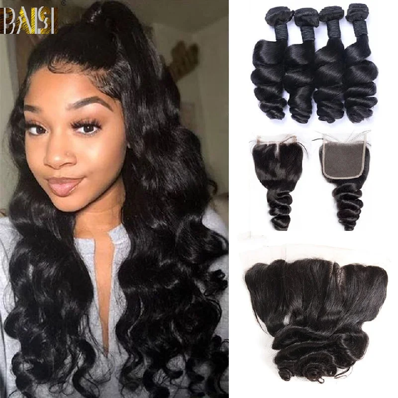 real person hair ring radiant pattern-BAISI 10A Virgin Loose Wave Human Hair Bundles with Closure/Frontal