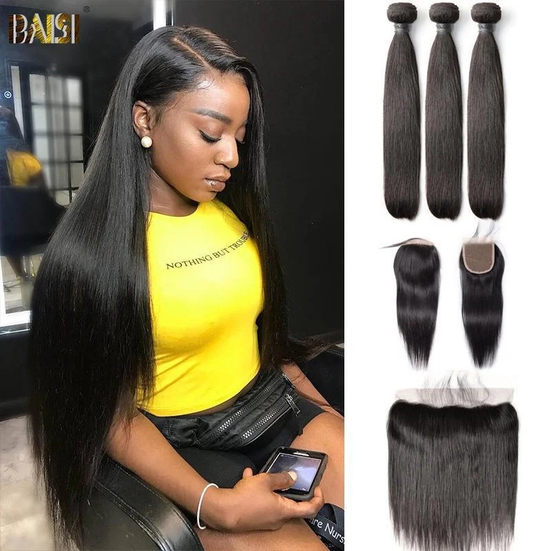 real person hair ring futuristic pattern-BAISI 10A Virgin Straight Human Hair Bundles with Closure/Frontal