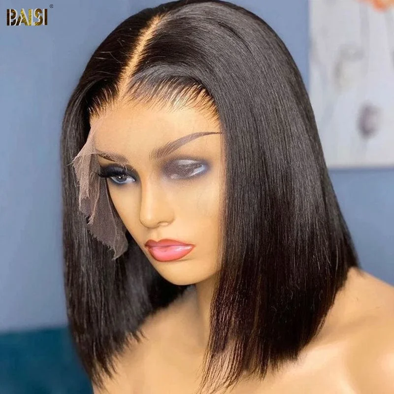 real person hair ring vacation craft-BAISI HD Straight Bob Wig 100% Human Hair