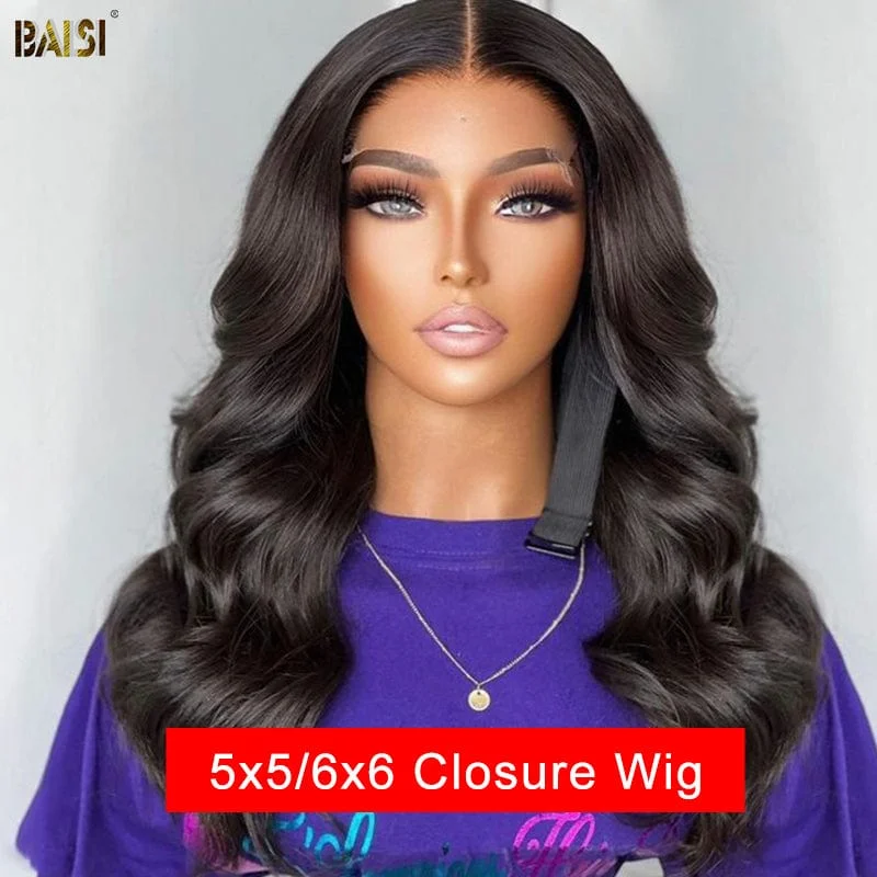 real person hair ring dazzling craft-BAISI 12A Long Part 5*5  6*6 Closure Wig Human Hair Wig