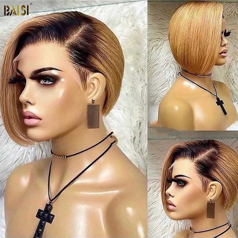 real person hair ring refined pattern-BAISI Pixie Cut Wig 100% Human Hair Lace Wig