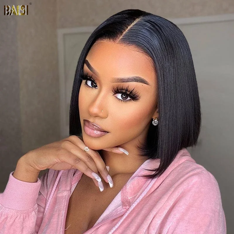 real person hair ring bulk twist-BAISI Straight Bob Wig 100% Human Hair