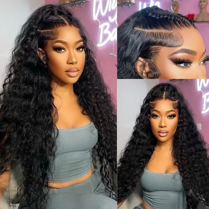 real person hair ring designer twist-Black Curly Hair 13x4 Lace Front Wig 100% Virgin Human Hair Wigs Pre Plucked Hairline