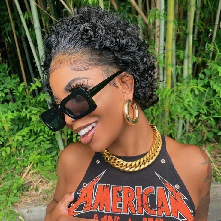 real person hair ring cultural weave-Black Curly Pixie Cut Wigs Lace Frontal  13x4 Virgin Human Hair for African American