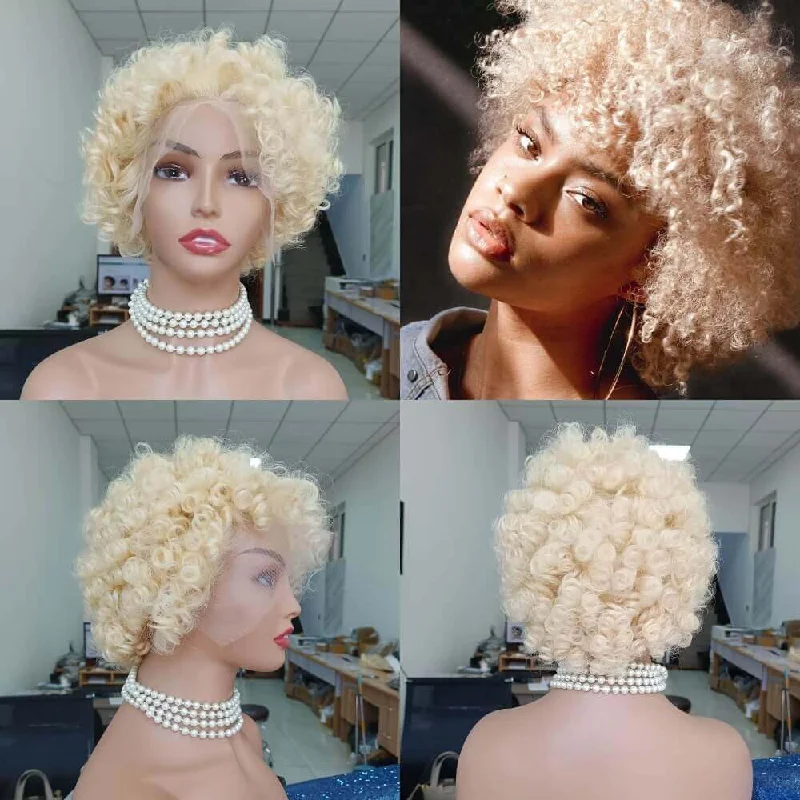 real person hair ring outdoor weave-Blonde Afro Kinky Human Hair Wig Lace Frontal Brazilian Hair