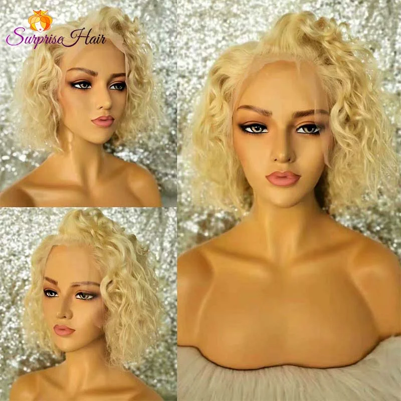 real person hair ring easy weave-Blonde BOB curly Lace Wig 13x4 Middle Length Human Hair Wig Surprisehair