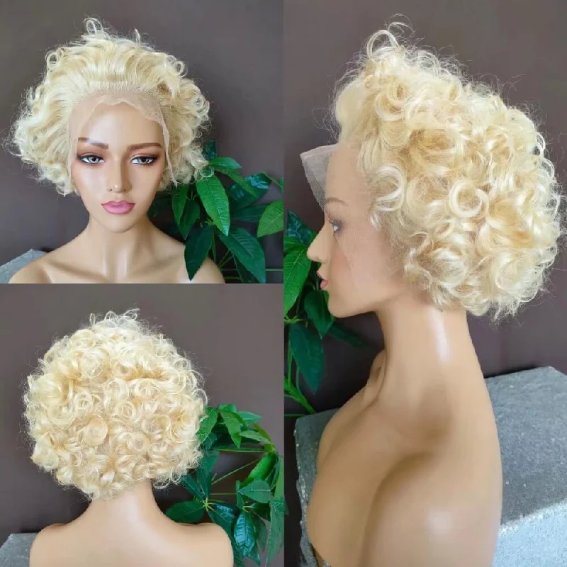 real person hair ring minimalist twist-Blonde Curly Pixie Cut Lace Wig Short Human Hair Wig for Women