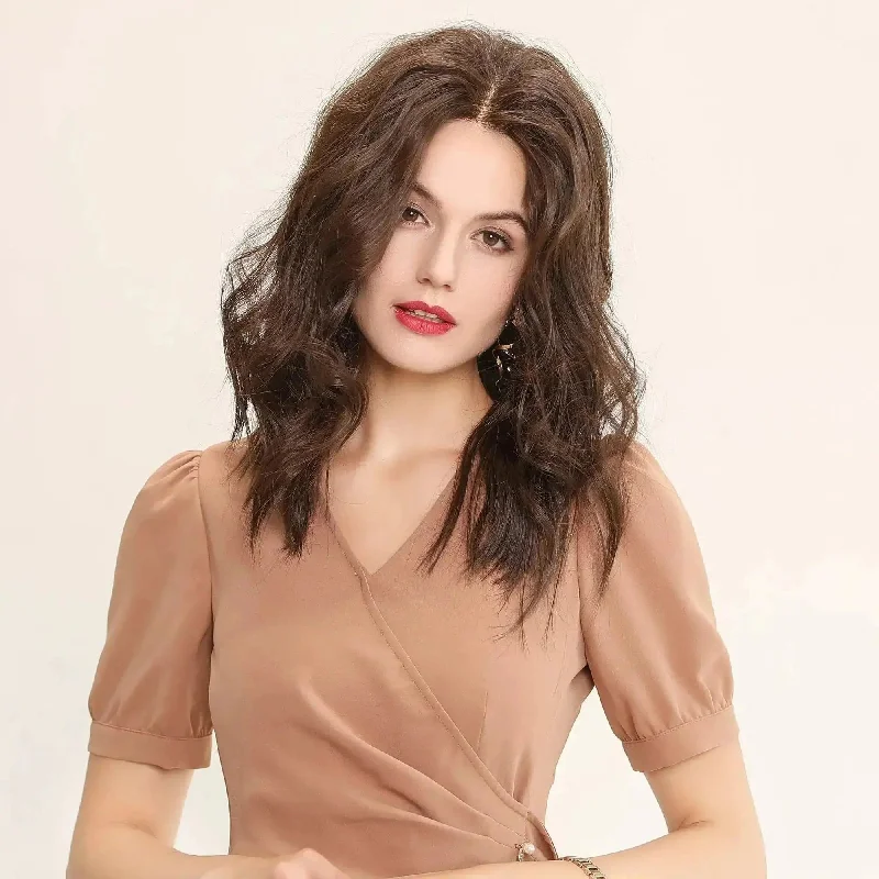 Synthetic wigs for sunrise events-18inch Brown Color Middle Part Natural Wave Hand-Tied Heat Resistant Synthetic Wig