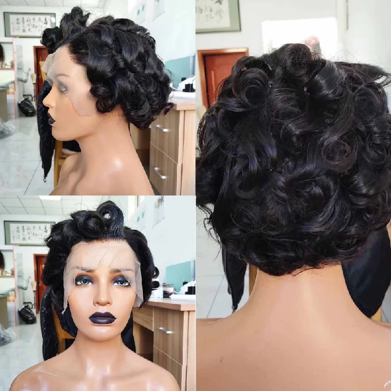 real person hair ring small pattern-Curly Pixie Cut Lace Wig Human Hair  Lace Frontal  Wig for African American