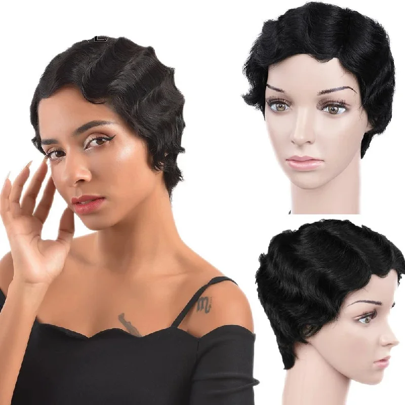 real person hair ring core twist-Short Finger Wave Wigs Brazilian Human Hair Wig for Black Women