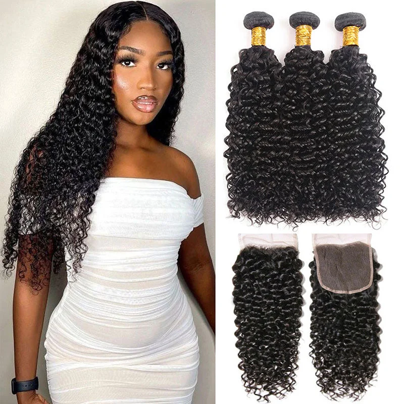 real person hair ring budget twist-Black Curly Hair 3 Bundles with 4x4 Lace Closure 100% Virgin Human Hair Weave