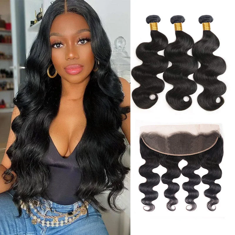 real person hair ring spring twist-Body Wave 13x4 Frontal Natural Color With 3 Bundles 100% Human Hair