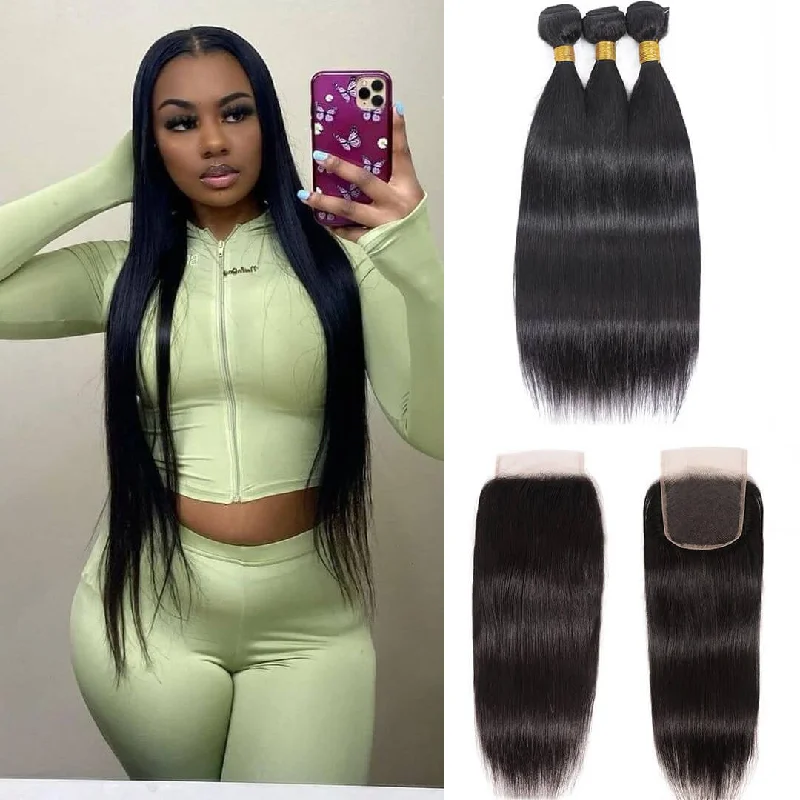 real person hair ring rustic texture-14A Straight Hair 3 Bundles With 4x4 Lace Closure 100% Virgin Human Hair