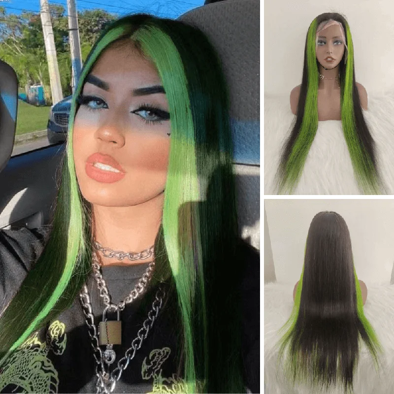 real person hair ring one-off craft-Green highlight Straight Human Hair Lace Wig Brazilian Hair for African American