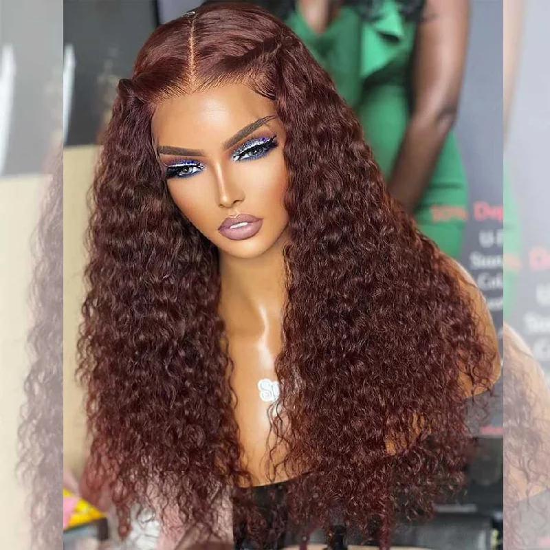 real person hair ring verified twist-Hairstylist Works 13x6 Lace Front Curly Human Hair Wigs 33# Auburn Reddish Brown Colored Wigs Chest Length 180% Density