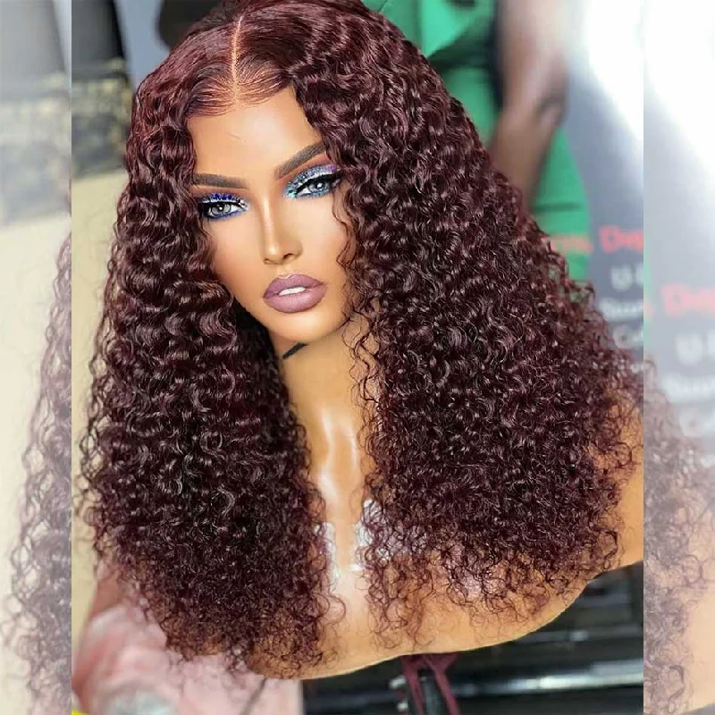 real person hair ring holiday weave-Hairstylist Works 5x5 Glueless Lace Closure Curly Human Hair Wigs 99j Wine Red Colored Wigs