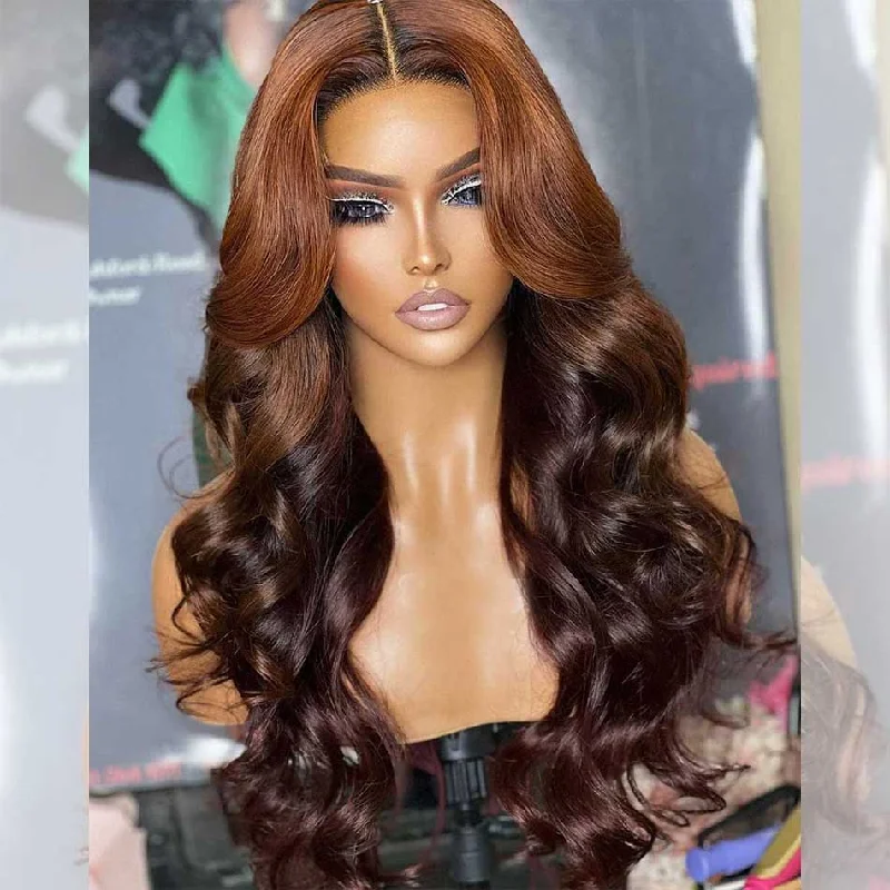 real person hair ring radiant pattern-Hairstylist Works Honey Brown Ombre Colored Wigs 5x5 Glueless Lace Closure Human Hair Wigs