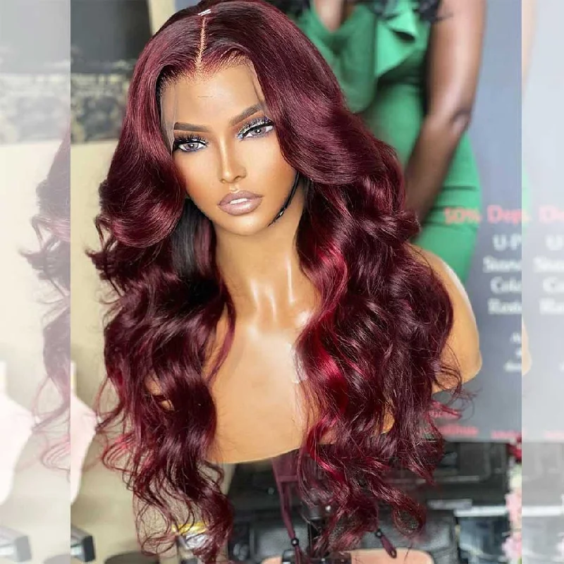 real person hair ring hobbyist craft-Hairstylist Works Little Red Highlights 99J Colored Wigs 13x6 Lace Front Human Hair Wigs