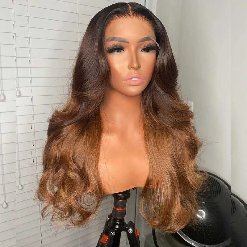 real person hair ring ethical twist-Hairstylist Works Luxurious 13x6 Lace Front Human Hair Wigs 1b/4#/30# Ombre Brown Colored Wigs