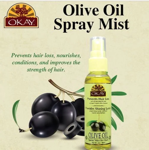 Restoring wax-OKAY Olive OIL Spray Mist Oil For Hair - Helps Prevents Hair Loss- Nourishes, Conditions, And Improves Strength Of Hair- Paraben Free For All Skin & Hair Types and Textures - Made in USA 2oz / 59ml