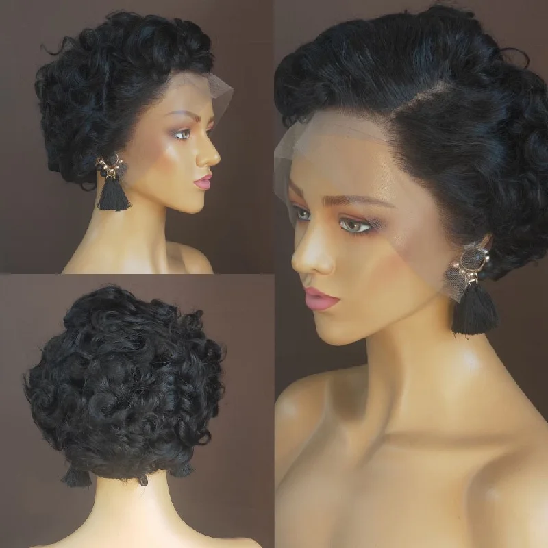 real person hair ring year-round twist-Pixie Cut Curly Hair Black Woman Human hair Lace Frontal Wig 13x4