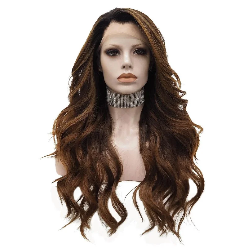 Synthetic wigs for weekend discounts-20-26inch Dark Brown with Caramel Blonde Front Lace Synthetic Wig