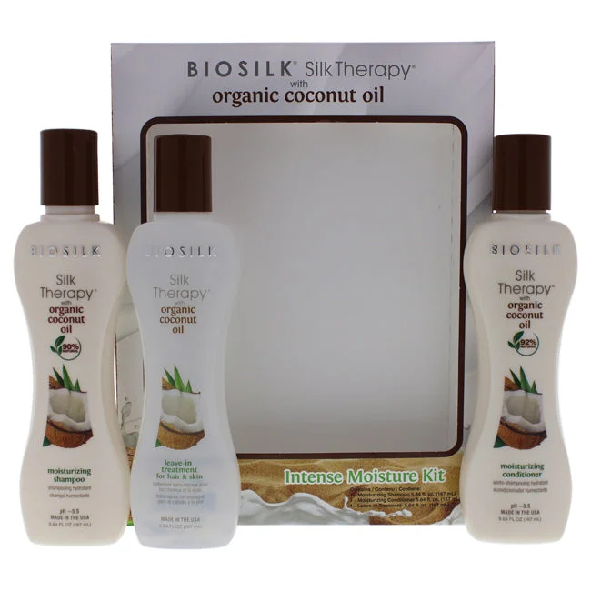 Curl refining gel-BioSilk Silk Therapy With Organic Coconut Intense Moisture Kit by Biosilk for Unisex - 3 Pc 5.64oz Shampoo, 5.64oz Conditioner, 5.64oz Leave-In Treatment for Hair and Skin