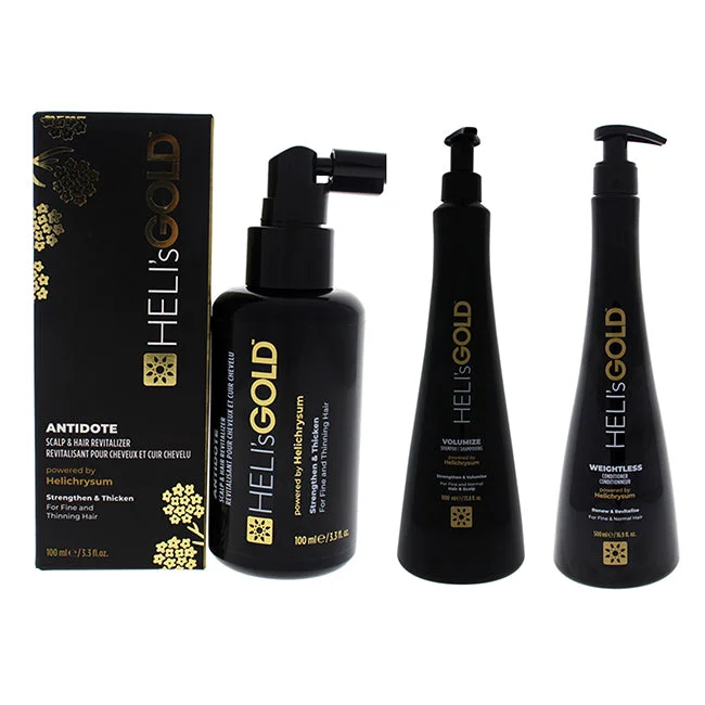 Curl reviving gel-Helis Gold Volume Series Kit by Helis Gold for Unisex - 3 Pc Kit 3.3oz Antidote Scalp and Hair Revitalizer Treatment, 33.8oz Volumize Shampoo, 16.9oz Weightless Conditioner