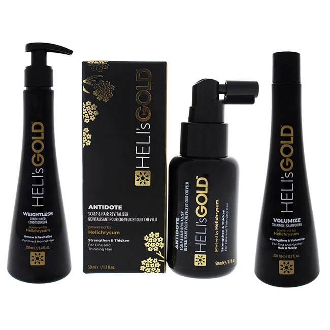 Hydrating rinse-Helis Gold Volume Series Intro Kit by Helis Gold for Unisex - 3 Pc Kit 8.4oz Weightless Conditioner, 1.7oz Antidote Scalp and Hair Revitalizer, 10.1oz Volumize Shampoo