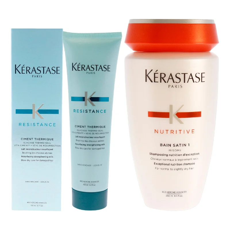 Strengthening lotion-Kerastase Resistance Ciment Thermique and Nutritive Bain Satin 1 Shampoo Kit by Kerastase for Unisex - 2 Pc Kit 5.1oz Reconstructor, 8.5oz Shampoo