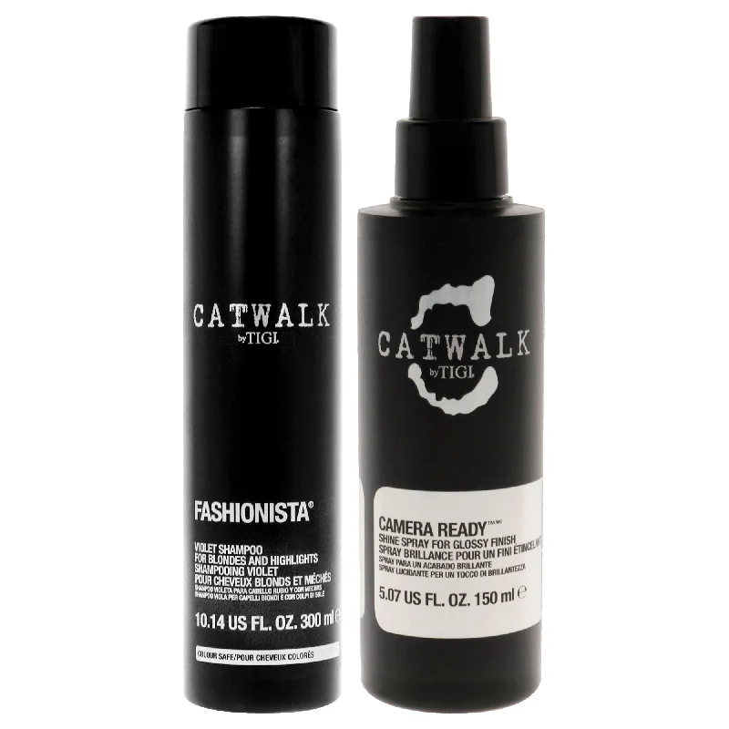 Calming oil-Tigi Catwalk Kit by TIGI for Unisex - 2 Pc Kit 5.07oz Camera Ready Shine Spray, 10.14oz Fashionista Violet Shampoo