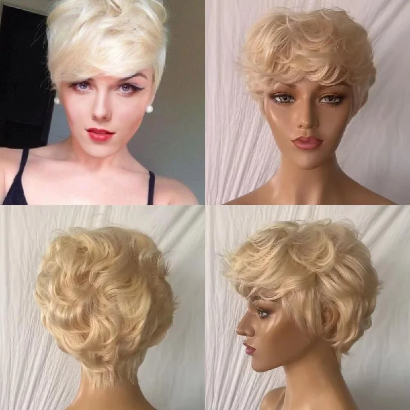 real person hair ring timeless weave-Short Blonde Pixie Cut Body Wave Wig Human Hair for African American