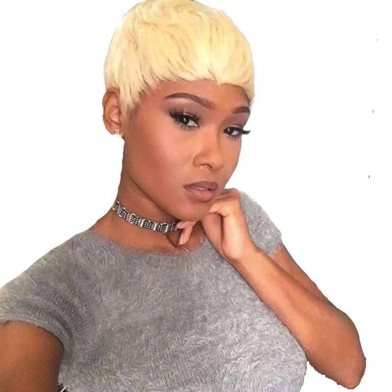 real person hair ring nostalgic weave-Short Blonde Straight Pixie Cut Wig Lace Front Human Hair for Black Women