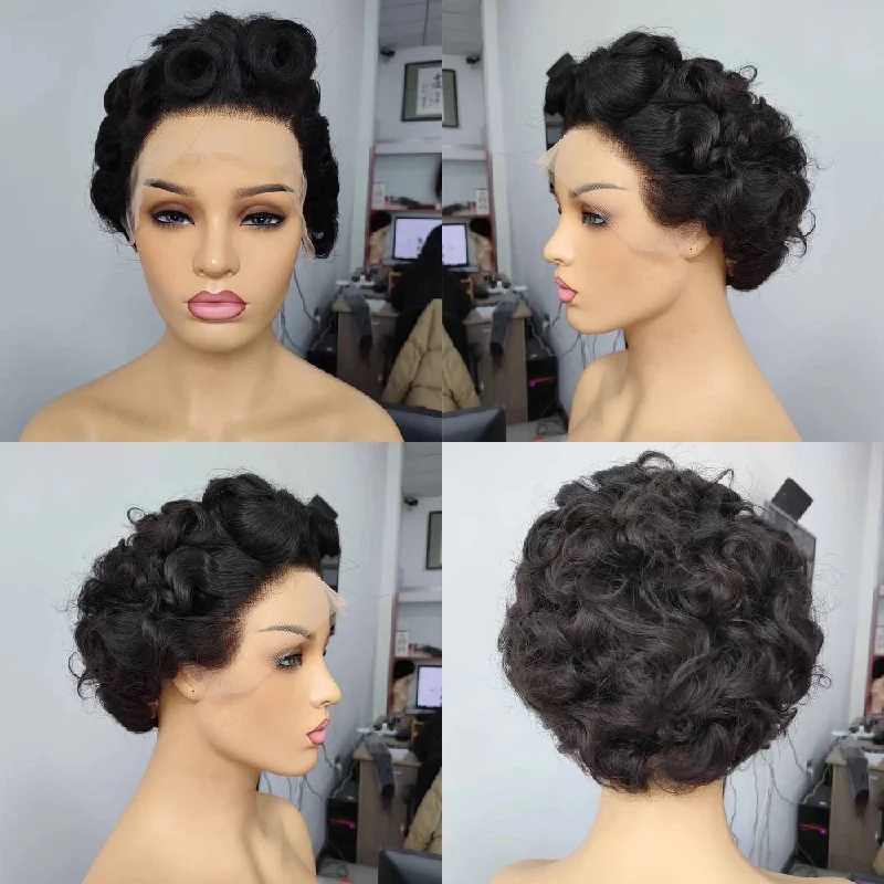 real person hair ring festive weave-Short Curly Pixie Cut Lace Wig 13x4 Human Hair for African American