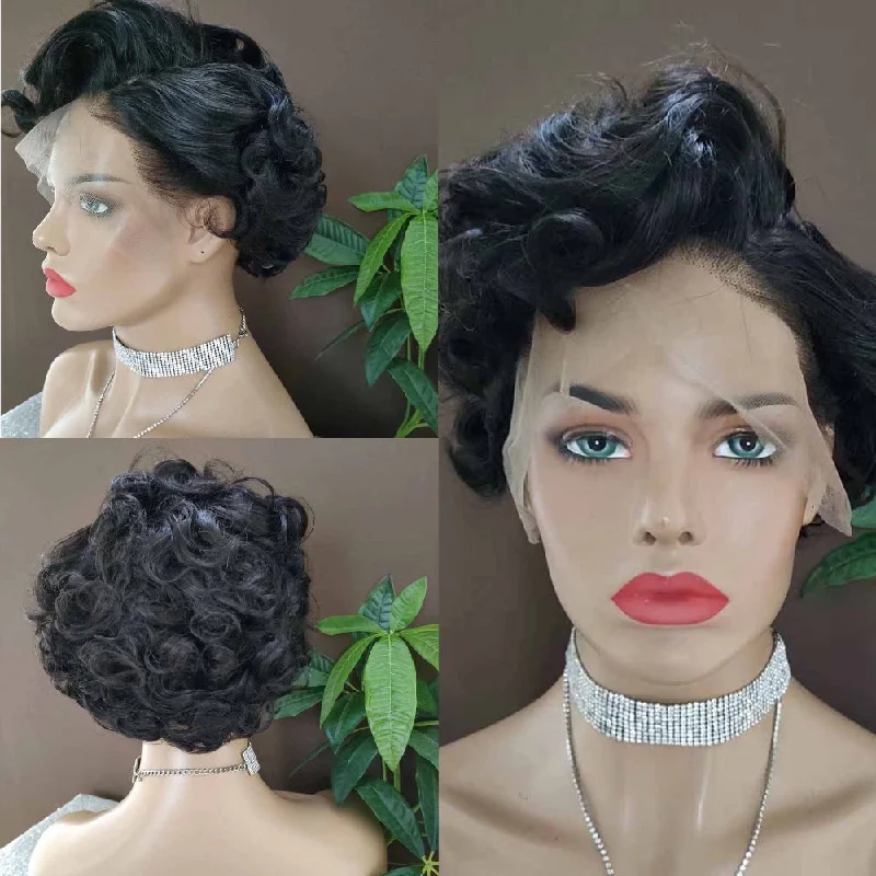 real person hair ring anywhere twist-Short Curly Pixie Human Hair Wigs Lace Frontal Wig for African American