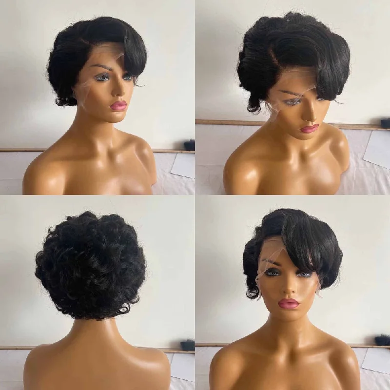 real person hair ring ornate craft-Short Cut Human Hair Lace Front Wigs Black Brazilian Hair Wig for Black Women