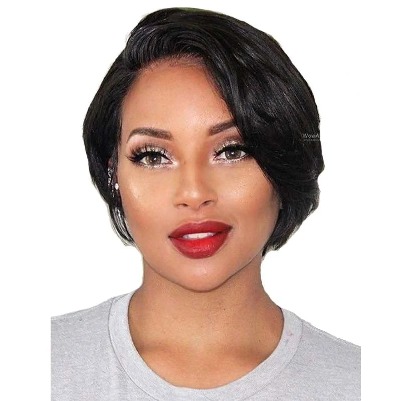 real person hair ring everyday pattern-Short Black Natural Straight Pixie Cut Wig Virgin Human Hair