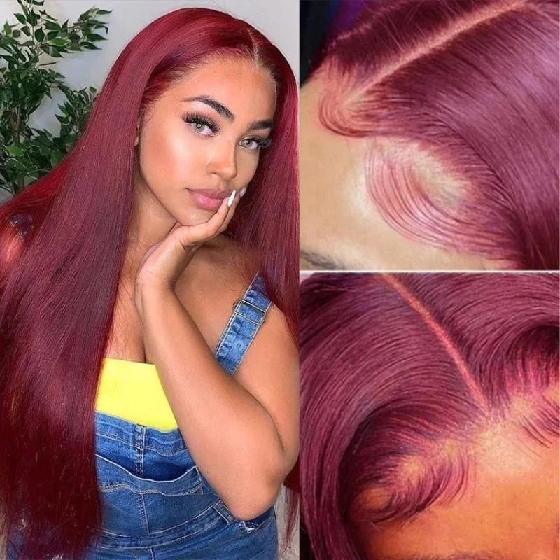 real person hair ring lovely pattern-99J Hand Tied Hair Line Lace Part Wig Long Straight Burgundy Red Human Hair Wigs