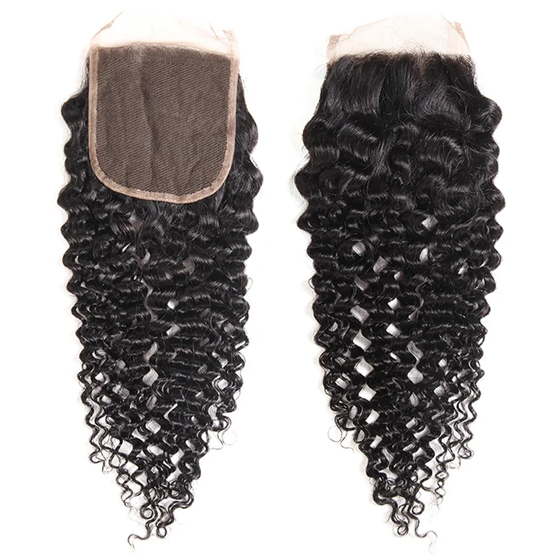 real person hair ring curated pattern-Black Curly Brazilian Hair 4x4 Free Part Lace Closure Pre-Plucked With Virgin Human Hair