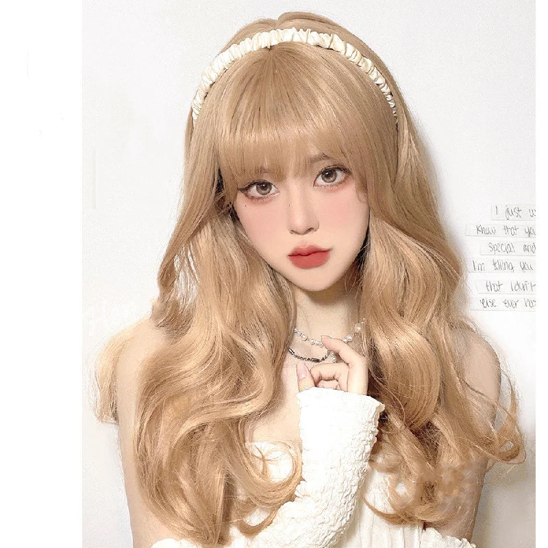 Coal black synthetic wigs-Sweet Lolita Long Culy Blonde Synthetic Wave Wig