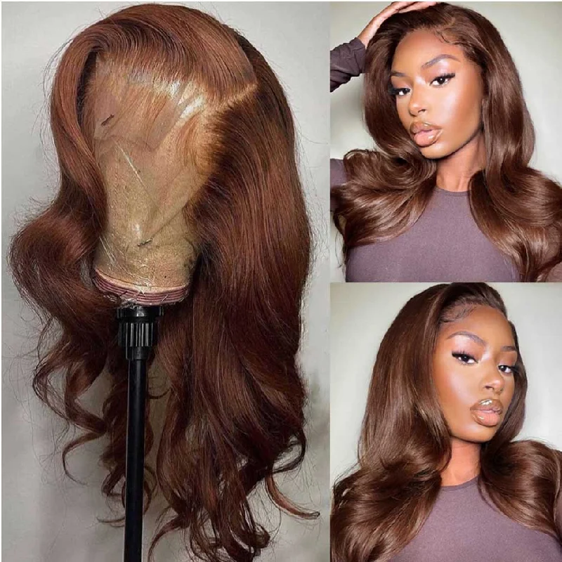 real person hair ring unboxing weave-Tuneful Super Deal Chocolate Brown #4 Colored 13x6 Lace Frontal Human Hair Body Wave Frontal Wigs 180% Desnity