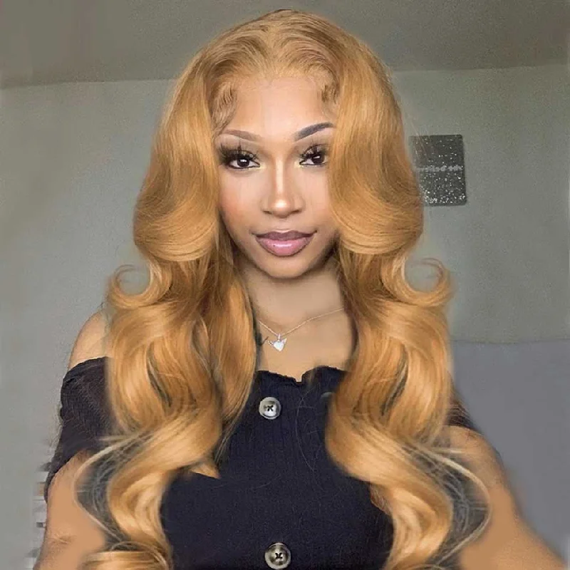 real person hair ring cost-effective twist-Tuneful Glueless 27# Honey Blonde Colored 13x4 Lace Frontal Human Hair Body Wave Frontal Wigs 180% Density