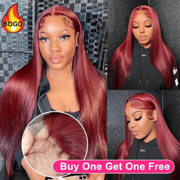 real person hair ring event pattern-Tuneful 99j Burgundy Color 13x6 Lace Front Human Hair Straight Wigs Bogo Deal